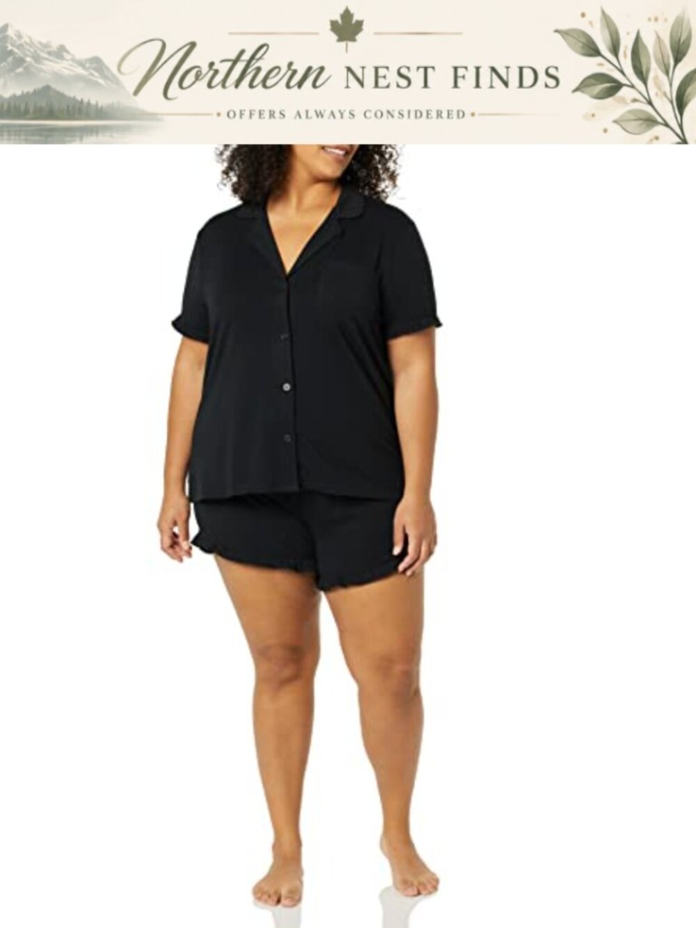 Cotton Modal Short Pajama Set Ruffle Detail Notch Collar - Picture 2 of 6